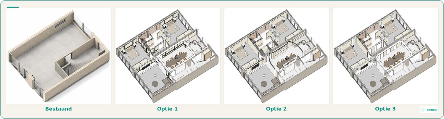 Uitbouw & transformatie begane grond, Leidschendam — bestaand en drie ontwerpopties